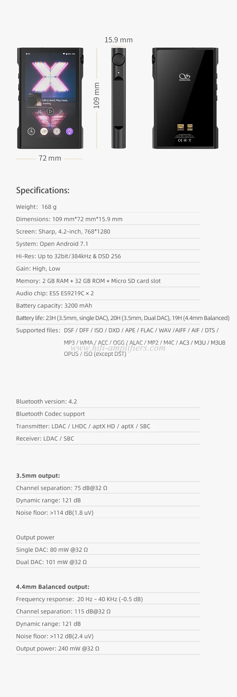 SHANLING M3X Hi-Res HIFI Portable Music MP3 Player Android Bluetooth Dual ES9219C DAC chips MQA AMP PCM384 DSD256 3.5mm/4.4mm
