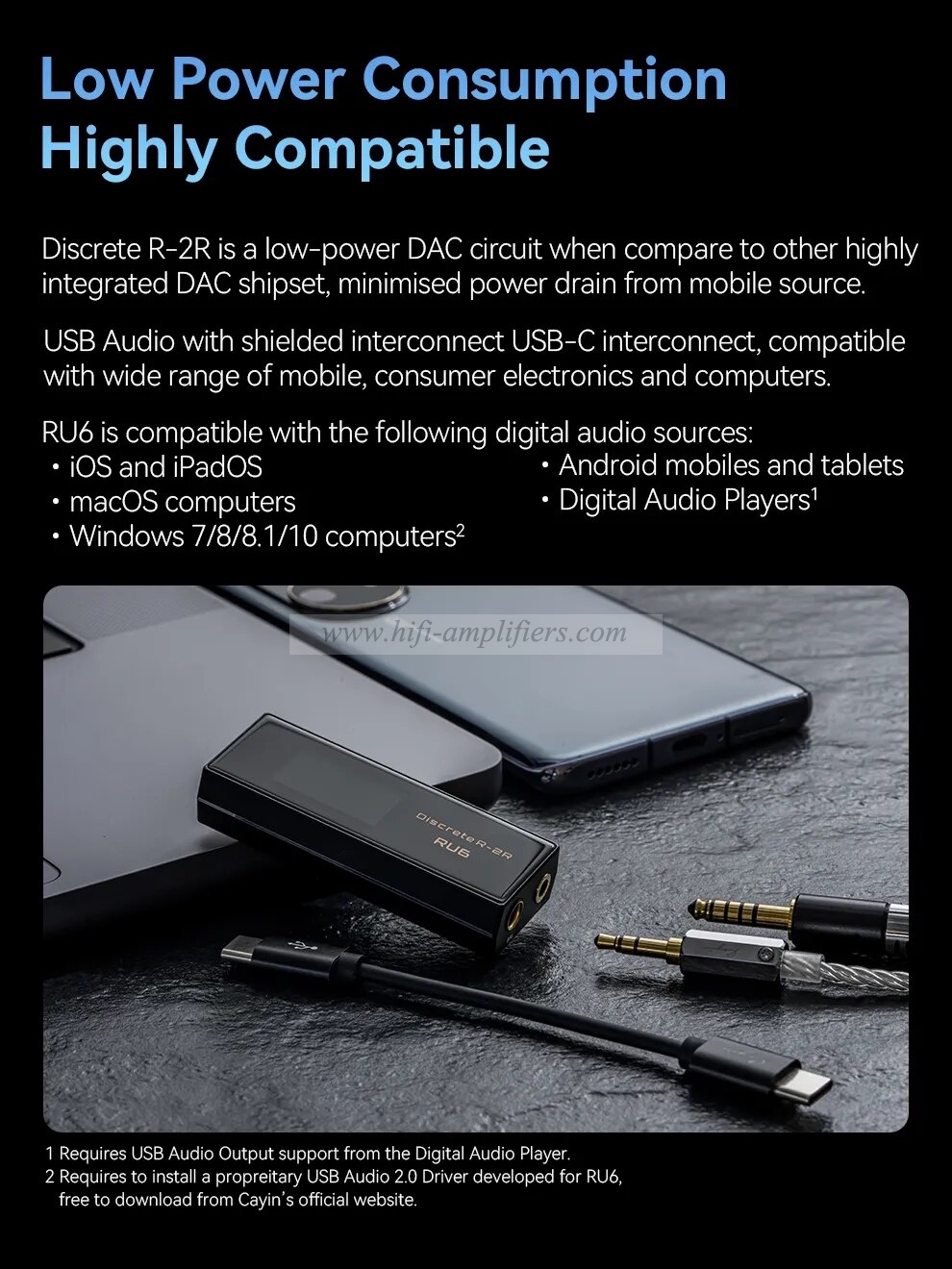 Cayin RU6 Portable USB DAC Headphone Amplifier USB Dongle R2R DAC with 3.5mm and 4.4mm Headphone Output