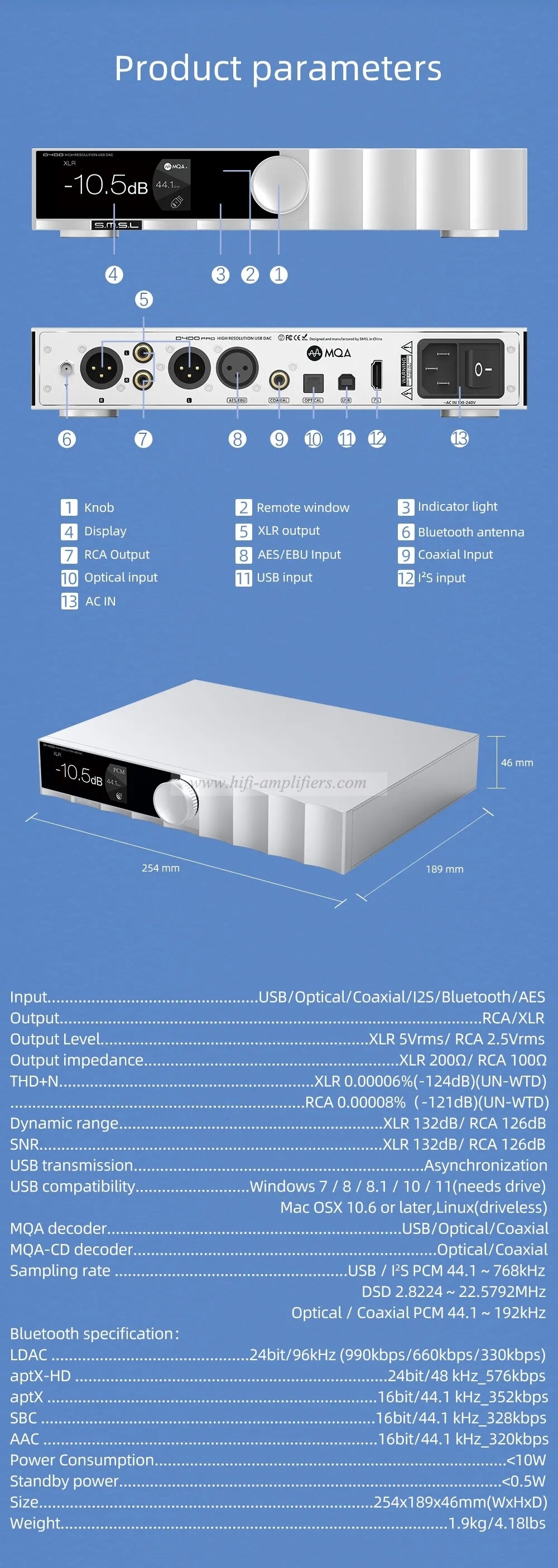 SMSL D400PRO Audio DAC AK4191 AK4499EX MQA-CD Bluetooth APTX/HD I2S HDMI DSD512 AES With Remote Control