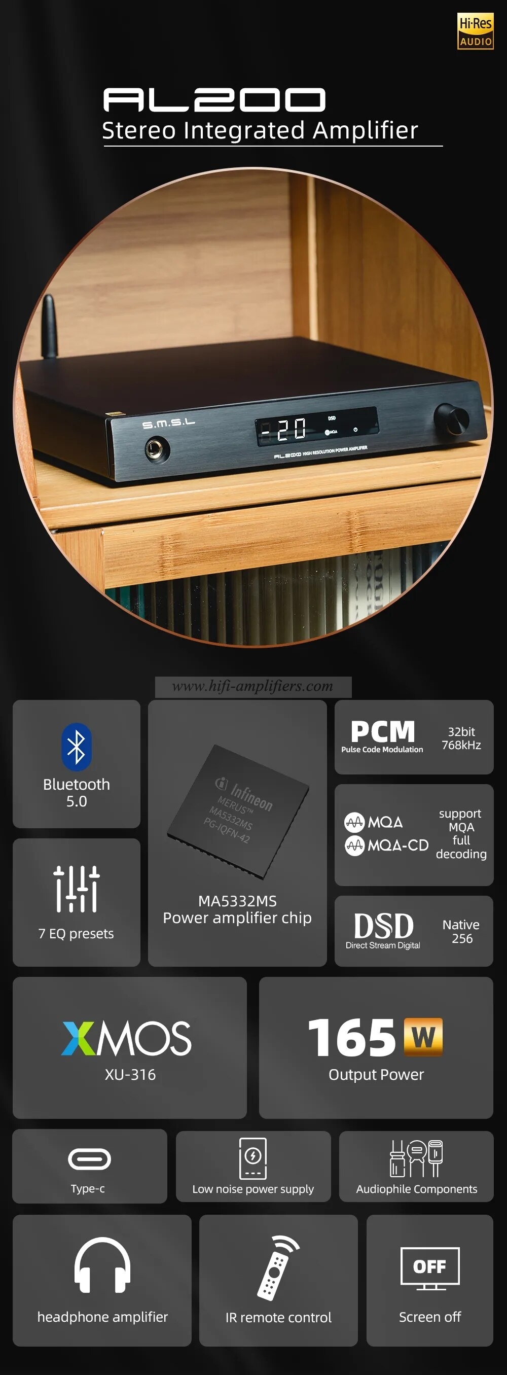 SMSL AL200 Intergrated Amplifier 165W*2 MA5332MS MQA-CD DSD256 XU316 Bluetooth5.0 6.35mm Headphone With Remote Control