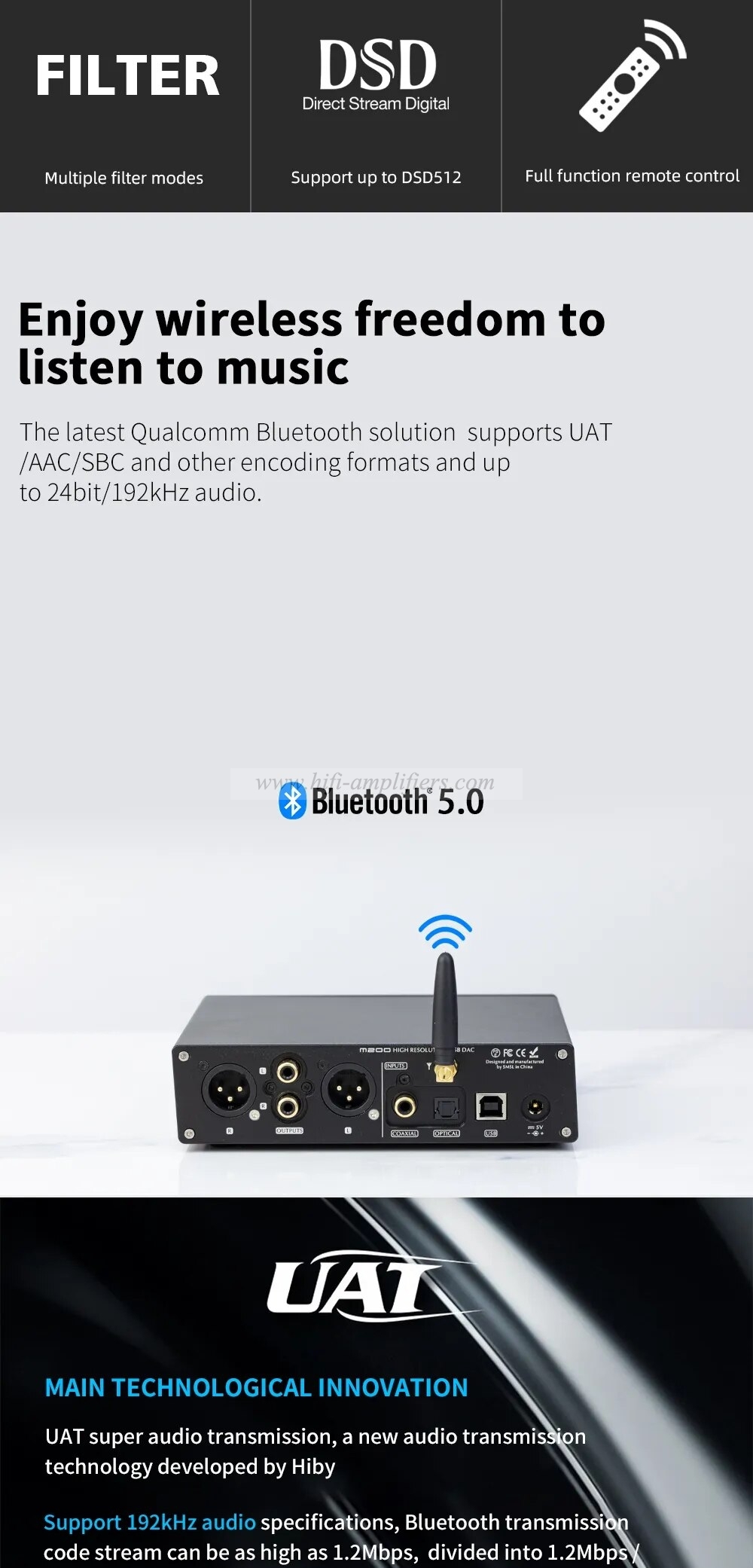 SMSL M200 Hifi Audio DAC AKM4497EQ Bluetooth 5.0 32bit/768kHz DSD512 Coaxial Optical USB DAC Decoder 6 Digital Filter Modes