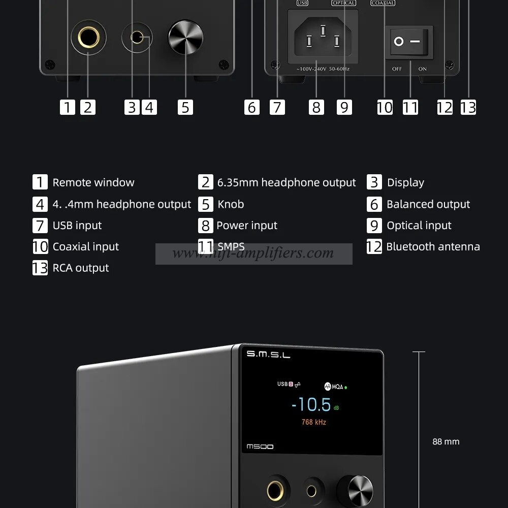 SMSL M500 MKIII Hi Res Audio DAC & Headphone Amplifier ES9038PRO OPA1612A MQA-CD DSD512 XU316 Bluetooth5.1 With Remote Control