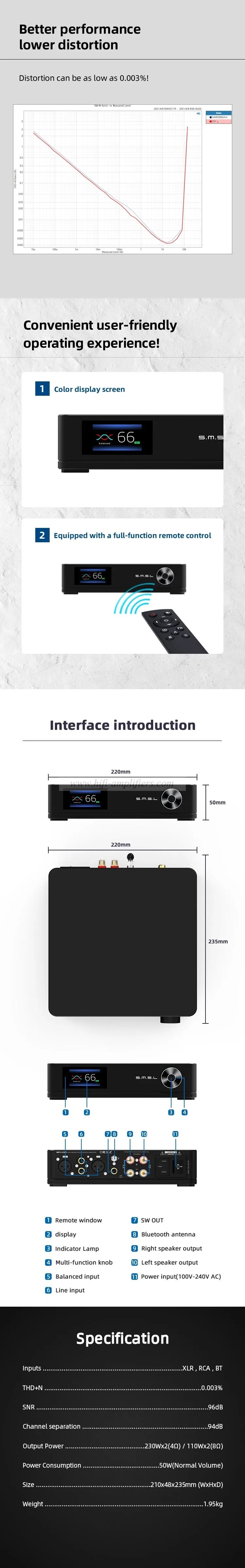 SMSL SA400 Hifi Power Amplifier 230W RMS *2 4Ω Bluetooth5.0 NJW1195 Super Bass Preamp Output APT-X XLR RCA With Remote Control