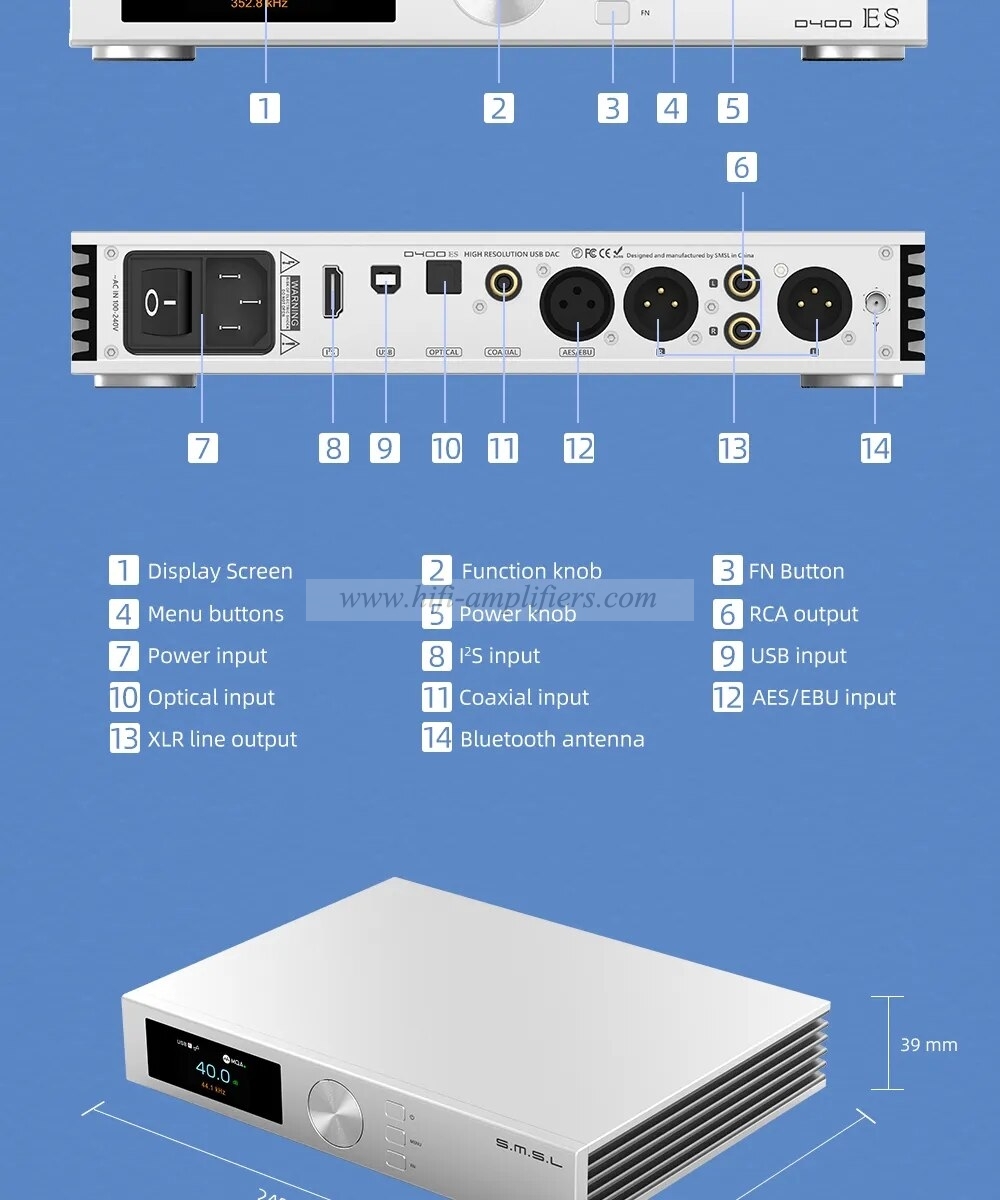 SMSL D400ES Audio DAC MQA MQA-CD Hires ES9039MSPRO 11OPA1612A XU316 DSD512 Bluetooth5.1 AES I2S 32bit/768kHz With Remote Control