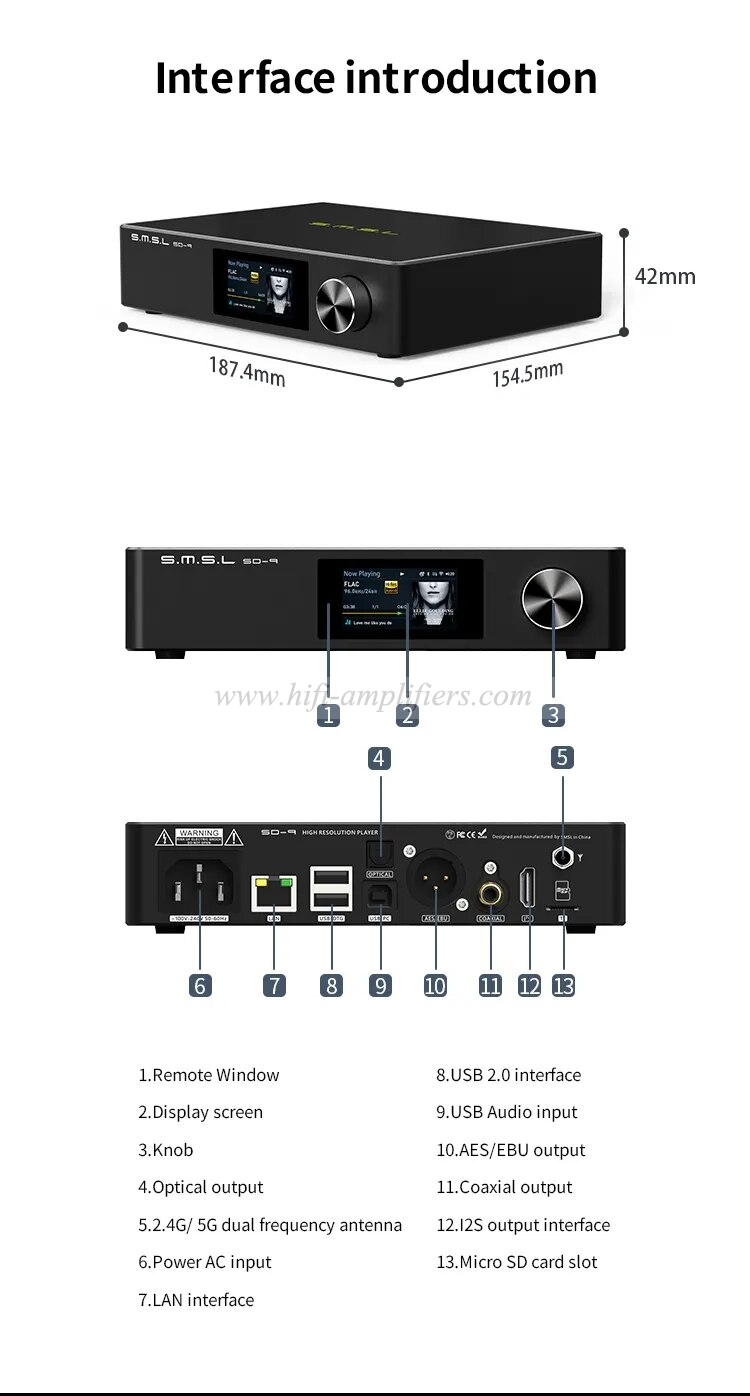 SMSL SD-9 MQA HIFI Network Music Player SD9 Support DSD, WAV APE,FLAC AIFF, MP3 Desktop Player