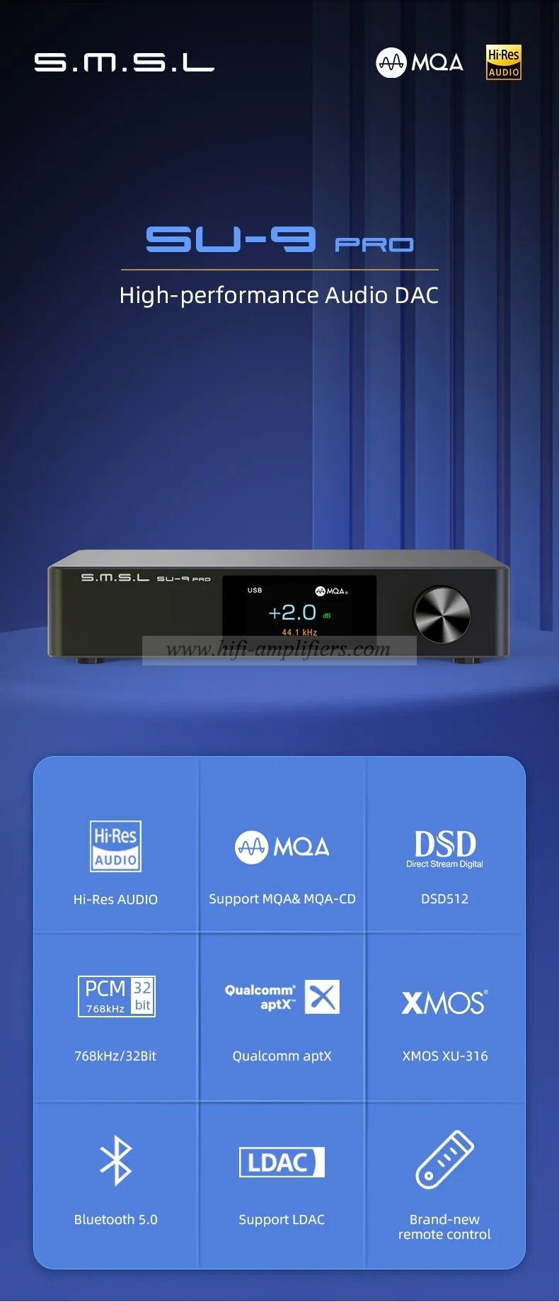 SMSL SU-9 PRO ES9039MPRO Decoder MQA&MQA-CD Bluetooth 5.0 SU9 PRO DAC XU316 768kHz/32Bit DSD512 with Remote Control