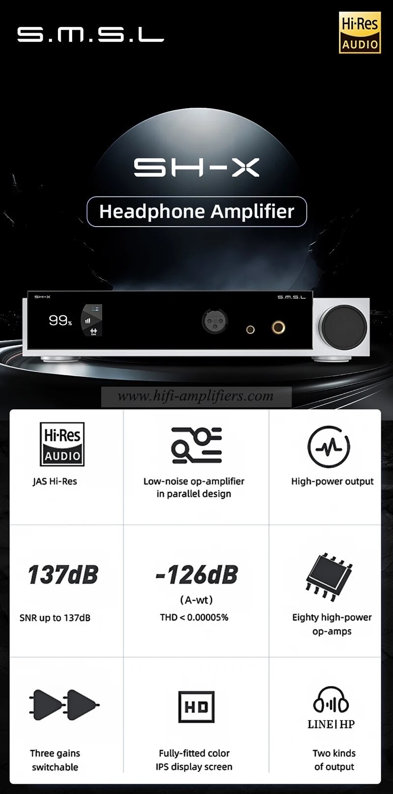 SMSL SH-X Headphone Amplifier High Output Power Three Gain Adjustment Preamplifier Output 6.35mm/4.4mm Port