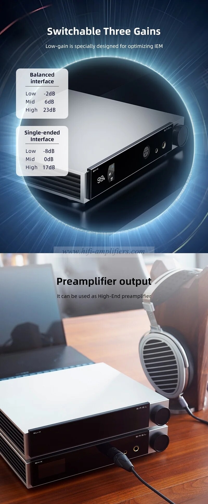SMSL SH-X Headphone Amplifier High Output Power Three Gain Adjustment Preamplifier Output 6.35mm/4.4mm Port