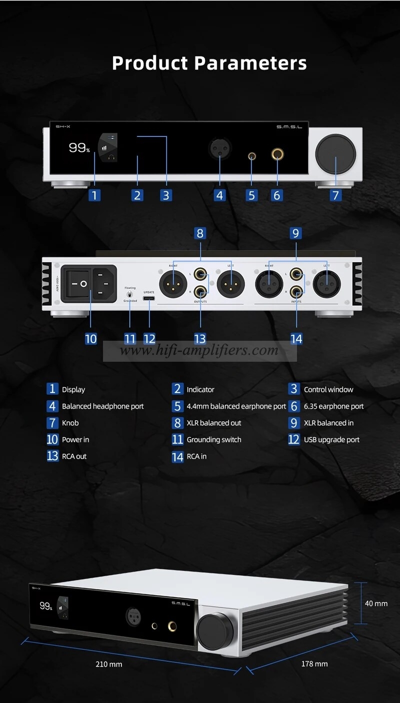 SMSL SH-X Headphone Amplifier High Output Power Three Gain Adjustment Preamplifier Output 6.35mm/4.4mm Port