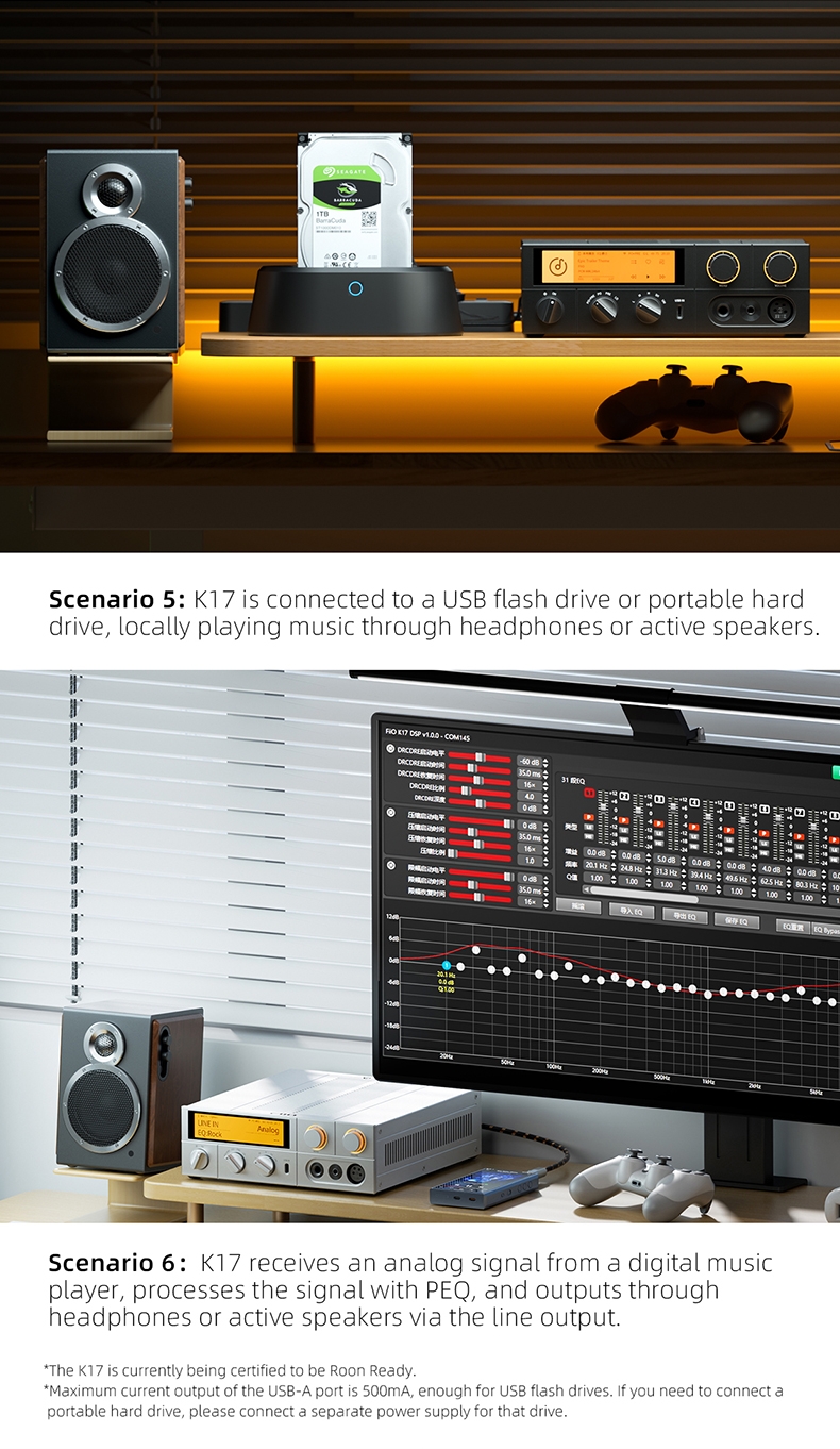 FiiO K17 Desktop DAC&Headphone Amplifier AK4191+AK4499EX*2 , 31-band PEQ, MQA,Support DSD512 32Bit/768kHz with Remote Control